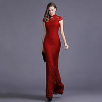 Women\'s Lace Going out / Party Sexy Bodycon / Lace / Trumpet/Mermaid Dress, Solid Stand Maxi Short Sleeve Red / Black RayonSpring /