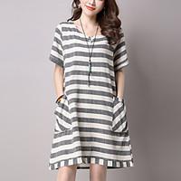 Women\'s Casual/Daily Street chic Loose Thin Dress Striped Round Neck Above Knee Short Sleeve Blue /Gray Cotton /Linen Summer