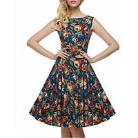womens vintage simple street chic floral swing dress round neck knee l ...