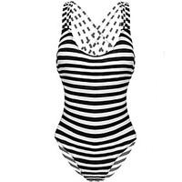 Women\'s Striped Classic Vintage Hollow Out Backless Halter One-pieces, Push Up Push-up