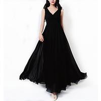 Women\'s Party / Plus Size Simple Little Black / Chiffon Dress, Solid V Neck Maxi Sleeveless Black Polyester Summer High Rise