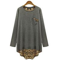 Women\'s Plus Size Street chic Spring T-shirt, Leopard Round Neck Long Sleeve Black / Gray Cotton Medium