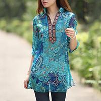 Women\'s Casual/Daily Boho Summer Blouse, Floral Stand ¾ Sleeve Blue Polyester Thin