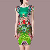 Women\'s Boho Plus Size Going out Vintage Sheath Dress, Print Round Neck Above Knee Sleeveless Polyester Green Summer Mid Rise Micro-elastic