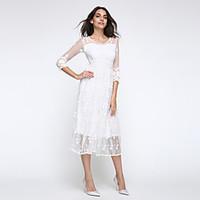 Women\'s Lace Party Sophisticated Lace Dress, Solid U Neck Maxi ¾ Sleeve White Cotton/Polyester/Nylon Summer Mid Rise Micro-elastic