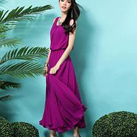 Women\'s Formal Simple Swing Dress, Solid Round Neck Maxi Sleeveless Purple Polyester Summer