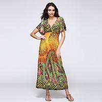 Women\'s Boho Beach Boho Swing Dress, Paisley V Neck Maxi Short Sleeve Blue/Pink/Yellow Cotton/Polyester Summer High Rise Micro-elastic