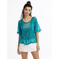 Women\'s Flare Sleeve/Lace Plus Size Lace Blue/Red/Brown/Green/Beige Blouse, Round Neck ½ Length Sleeve