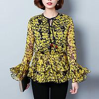 Women\'s Ruffle Going out Sophisticated Spring Blouse, Print Round Neck Long Sleeve Red Yellow Polyester Medium