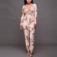 Women\'s Sequin Slim JumpsuitsCasual/Daily / Club Sexy / Street chic Slim Print Sequins Deep V Long Sleeve Mid Rise