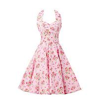 Women\'s Pink Floral Dress , Vintage Halter 50s Rockabilly Swing Dress