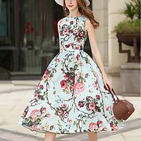 Women\'s Going out Casual/Daily Simple Cute Sheath Dress, Floral Round Neck Midi Sleeveless Polyester Spring Summer Mid Rise Inelastic