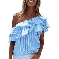 Women\'s Off The Shoulder Casual/Daily Holiday Sexy Street chic Layered Ruffle Backless Summer Fall T-shirtStriped One Shoulder Short Sleeve Medium