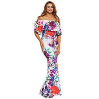 Women\'s RuffleOff The Shoulder Multi-color Floral Print Off-the-shoulder Maxi Dress