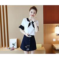 Women\'s Casual/Daily Cute Summer Blouse Skirt Suits, Solid Round Neck Short Sleeve Embroidered Micro-elastic