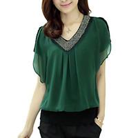 Women\'s Lace Solid Red/Black/Green Blouse, Plus Size Beaded V Neck Short Petal Sleeve