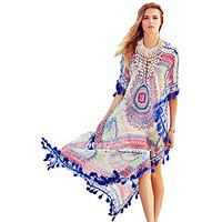 womens boho blue tassel trim chiffon print maxi caftan