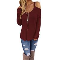 Women\'s Casual/Daily Going out Sexy Regular Pullover, Solid Red Green V Neck Long Sleeve Polyester Spandex Fall Winter Medium Micro-elastic