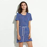 Women\'s Fine Stripe Casual/Daily Simple Large Size Loose Sheath Dress, Striped Round Neck Above Knee Short Sleeve Blue