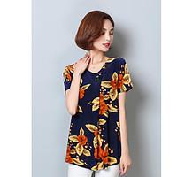 Women\'s Casual/Daily Simple Summer Blouse, Print Round Neck Short Sleeve Rayon Opaque
