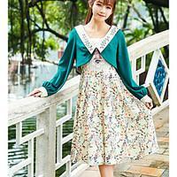 Women\'s Holiday Chinoiserie Spring Cloak/Capes, Solid V Neck Long Sleeve Short Cotton