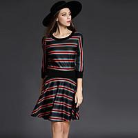 Women\'s Plus Size / Going out Vintage / Simple Sheath DressStriped Round Neck Above Knee Sleeve Black Polyester