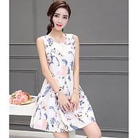 Women\'s Casual/Daily Skater Dress, Geometric Round Neck Above Knee Sleeveless Polyester Summer High Rise Inelastic Thin