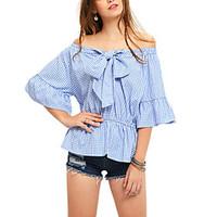 Women\'s Boat Neck Houndstooth Casual/Daily Simple Cute Check Bow Off the Shoulder T-shirt Shirt Blouse