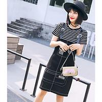 Women\'s Casual/Daily Cute Summer T-shirt Dress Suits, Striped Round Neck Short Sleeve