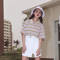 Women\'s Casual/Daily Simple Cute Polo, Striped Color Block Shirt Collar Short Sleeve Cotton