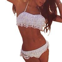 Women\'s Lace Bandeau Bikinis, Solid Wireless Lace White