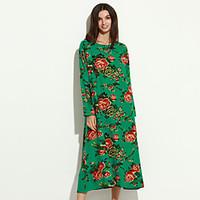 Women\'s Floral/Boho/Print/ Red/Green Dress , Casual/Print/Maxi/Plus Sizes Ethnic Print Long Sleeve(Linen/Cotton)