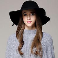 Women autumn and winter England Casual Pure Color Dome woolen bow Big brim hat