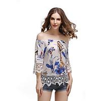 Women\'s Off The Shoulder Beach Boho Summer Blouse, Print Cowl Long Sleeve Blue Pink Black Polyester Medium