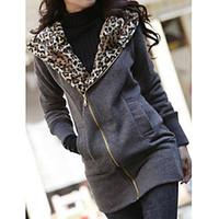 Women\'s Coat, Leopard Round Neck Long Sleeve Winter White / Black Cotton Thick