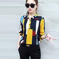 Women\'s Casual/Daily Street chic Spring Fall Shirt, Geometric Shirt Collar Long Sleeve Yellow Polyester Medium