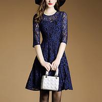 Women\'s Lace Going out Simple A Line Dress, Solid Lace Round Neck Above Knee ½ Length Sleeve Polyester Blue Spring Mid Rise Micro-elastic