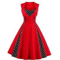 Women\'s Plus Size Simple Skater Dress, Plaid Stand Knee-length ½ Length Sleeve Blue / Red / White / Black Cotton Summer Mid Rise Inelastic