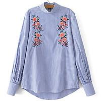 Women\'s Going out Casual/Daily Holiday Cute Chinoiserie Spring Shirt, Embroidered Round Neck Long Sleeve Blue Cotton Polyester Thin