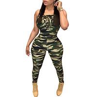 Women\'s Lace up Skinny JumpsuitsGoing out Casual/Daily Sexy Simple Over Hip Classic Camouflage Backless Criss-Cross Round Neck Sleeveless High Rise