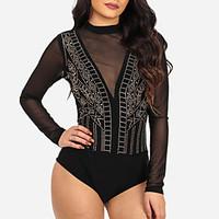 Women see-through Skinny RompersCasual/Daily Club Sexy Street chic Hot Fix Rhinestone Solid Mesh Round Neck Long Sleeve High Rise Micro-elastic