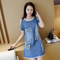 Women\'s Off The Shoulder Loose denim dress version of the long section was thin short-sleeved denim skirt fashion A-line dress