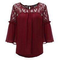 womens casualdaily simple shirt solid round neck sleeve nylon