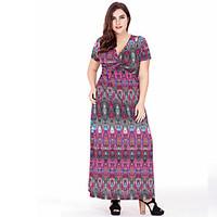 Women\'s Plus Size Casual/Daily Party Loose Sheath Dress, Print Deep V Maxi Short Sleeve Polyester Summer High Rise Micro-elastic Thin