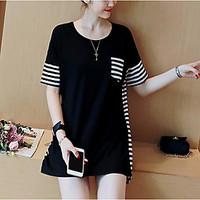 Women\'s Casual/Daily Simple Cute Spring Summer T-shirt, Striped Round Neck Short Sleeve Polyester Medium
