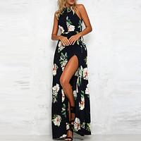 womens party vintage sophisticated swing dress print halter maxi sleev ...