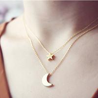 womens metal star moon pattern pendant necklaces double chain necklace ...