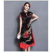 Women\'s Casual/Daily Sheath Dress, Print Stand Midi Short Sleeve Silk Spring Summer Mid Rise Micro-elastic Thin
