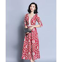 Women\'s Casual/Daily Swing Dress, Print V Neck Maxi ¾ Sleeve Rayon Polyester Spring Summer High Rise Micro-elastic Thin