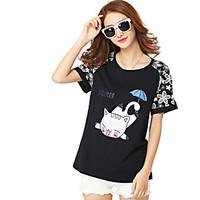 Women\'s Animal Print White / Black Plus Size T-shirt, Round Neck Short Sleeve